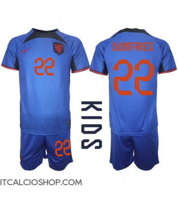 Olanda Denzel Dumfries #22 Seconda Maglia Bambino Mondiali 2022 Manica Corta (+ Pantaloni corti)